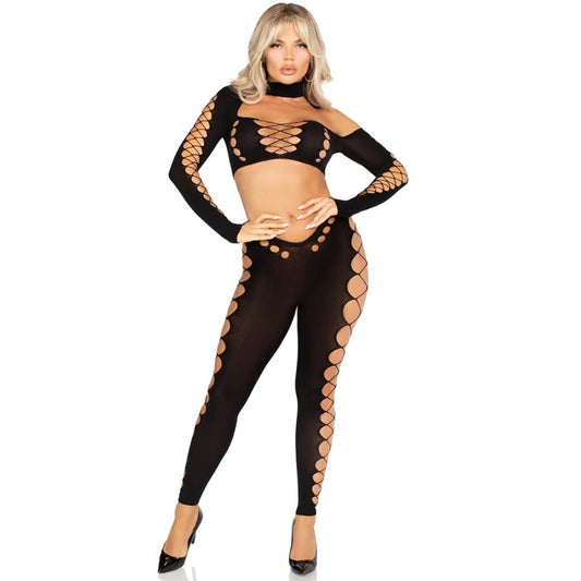 LEG AVENUE - TOP CORTO E LEGGINGS CUT-OUT SENZA CUCITURE NERO